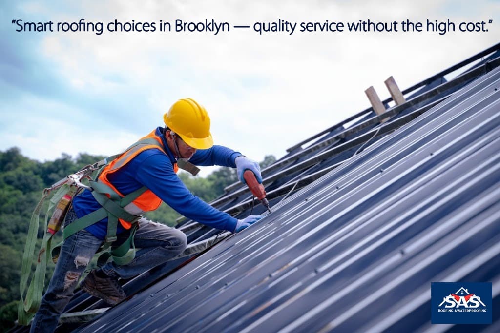 Roofing contractors working on a residential roof in Brooklyn